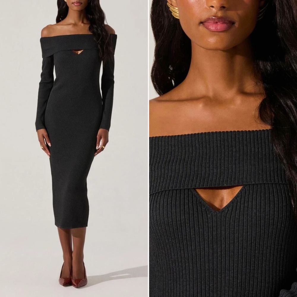 Astr | Foldover Long Sleeve Sweater Midi Dress in Charcoal | Sz S